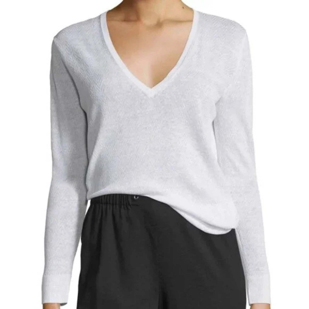 Theory Adrianna White Linen Blend V-Neck Sheer Sweater Medium